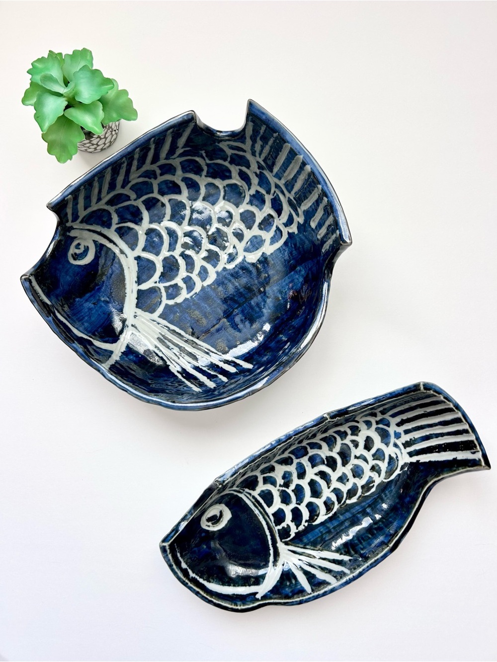 Hand Made Japanese Pottery Koi Fish Platter Dish Bowl